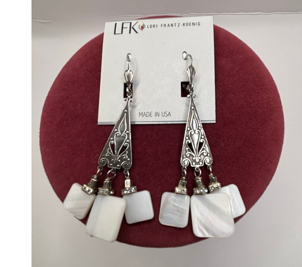 Lori Frantz-Koenig White MOP Look Bead Rhinestone Dangle SS Earrings #76896